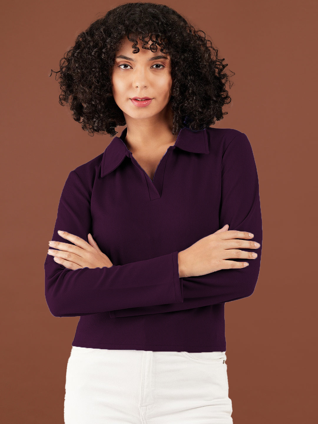 Women Ribbed Polo Collar T-shirt