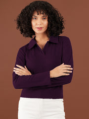 Women Ribbed Polo Collar T-shirt