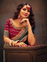 Women's Vichitra Silk Teal blue Embroidered Designer Saree With Blouse Piece