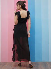 Black Square Neck Flutter Sleeves Ruffled Detailed Maxi Dress