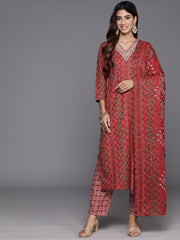 Varanga - Women Red Printed V - Neck Embroidered Kurta With Bottom And Dupatta