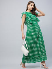 Women's Green Polka Maxi Dress with Flutter Sleeves