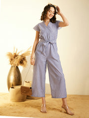 Women's Blue Stripe Cotton Jumpsuit