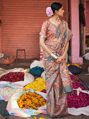 ساري نسائي بيج مطبوع من مزيج الحرير مع قطعة بلوزة