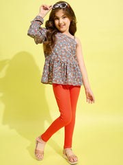 Girls Grey & Orange floral Printed One Shoulder top and Jeggings Set