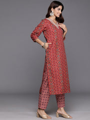 Varanga - Women Red Printed V - Neck Embroidered Kurta With Bottom And Dupatta