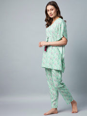 Women's Green & Pink Floral Printed Kaftaan Style  Set