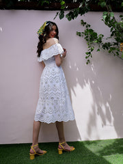White Self Design Off-Shoulder Schiffli Flutter Sleeves Cotton Fit and Flare Dress