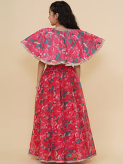 Girls Pink & Green Printed Choli Cape style Pink Ready to Wear Lehenga.