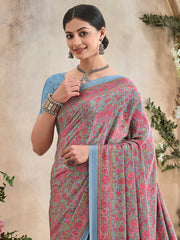 ساري نسائي رمادي مطبوع من الكريب مع قطعة بلوزة