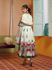 Off White Floral Printed Anarkali Flared Kurta with Palazzos Dupatta.