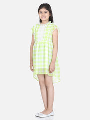 Girls Light Green Self Detail Dress with Lace Inserts