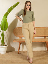 Women's Olive Ribbed Puff Sleeve Top