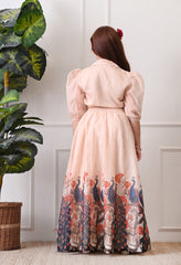 Girls Peach Peacock Print Lehenga Set with Puff Sleeve Blouse