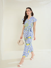 Women's Blue Rayon Porcelain Printed Jumpsuit