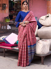 ساري نسائي وردي مطبوع من مزيج الحرير مع قطعة بلوزة