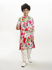 Boys Peach floral printed kurta with a off white pajama