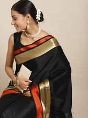 Women's Aura Silk Black WovenDesign DesignerSaree With Blouse Piece