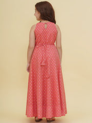 Silk Woven Sleeveless Self Design Fit And Flare Ethnic Dress - Peach