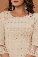 Women Off-White Mirror And Thread Work, Scallop Lace Anarkali Kurta Paired Wirh Embroidered Bottom And Dupatta