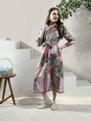 Floral Print Linen Shirt Midi Dress