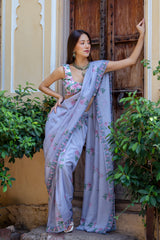 Soft Blue Floral & Polka Dot Concept Saree Set