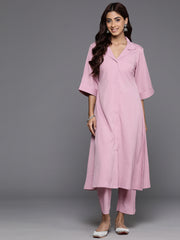 Varanga - Women Pink Shirt Collar Neck A - Line Kurta Paired With Tonal Bottom