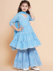 Placement Print Three-Fourth Sleeves Above Knee Length Cotton Kurta & Sharara With Dupatta - Blue