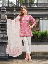 Peach color pure cotton thread embroidered short kurta & trouser with dupatta set
