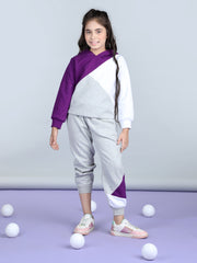 Girls Purple and White Color Blocked Tracksuit