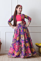 Girls Purple Floral Printed Lehenga Choli Set with Stylish Jacket