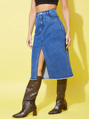Women's Denim Midi Skirt with Center Slit