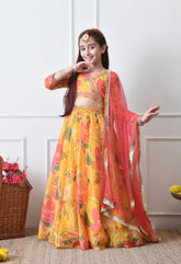 Girls Yellow Floral Printed Lehenga Set with Dupatta