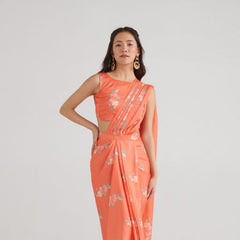 Bright Orange Slit Saree Set