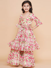 Placement Print Three-Fourth Sleeves Knee length Silk Kurta With Sharara - Cream