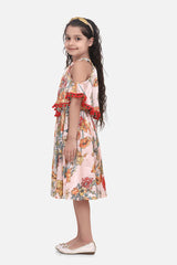 Light Pink Floral Printed Satin Dress with Pom Pom Lace