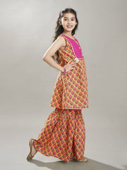 Girls Peach Floral Printed Kurta With Sharara