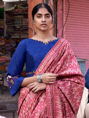 ساري نسائي وردي مطبوع من مزيج الحرير مع قطعة بلوزة