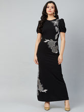 Women Embroidered Puff Sleeve Sheath Maxi Dress