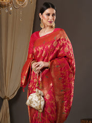 ساري نسائي وردي اللون بتصميم منسوج من مزيج الحرير مع قطعة بلوزة