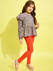 Girls Grey & Orange floral Printed One Shoulder top and Jeggings Set