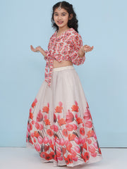 Girls Indo-Western Grey & Pink Tulip Flower Digital Printed Lehenga Choli.