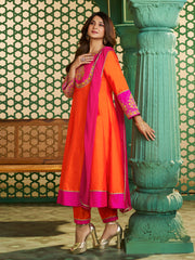 Orange And Pink Embroidered Anarkali Kurta Set
