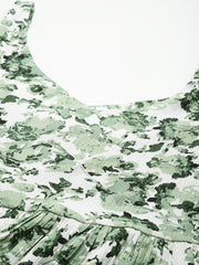 Varanga Women Green & White Printed V-Neck Tiered Dress With Flared Hem