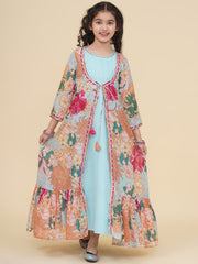 Silk Woven Three Fourth Sleeves Floral Print Fit And Flare Ethnic Dress With Jacket - Sea Green
