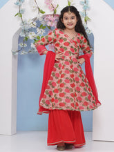Girls Red Floral Printed Angrakha Kurta with Sharara with dupatta