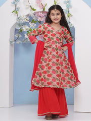 Girls Red Floral Printed Angrakha Kurta with Sharara with dupatta