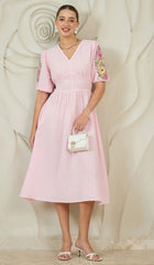 Embroidered Puff Sleeves Cotton Fit & Flare Midi Dress
