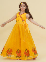 Girls Yellow Embroidered Choli & Yellow Digital Flower Print Ready to Wear Lehenga