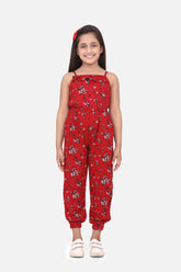Girls Red Printed Rayon Jumpsuit